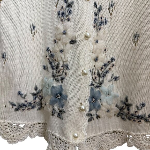 Vintage Dainty Embroidered Floral Crochet Collar Cardigan Cream S Cottagecore - Picture 4 of 8